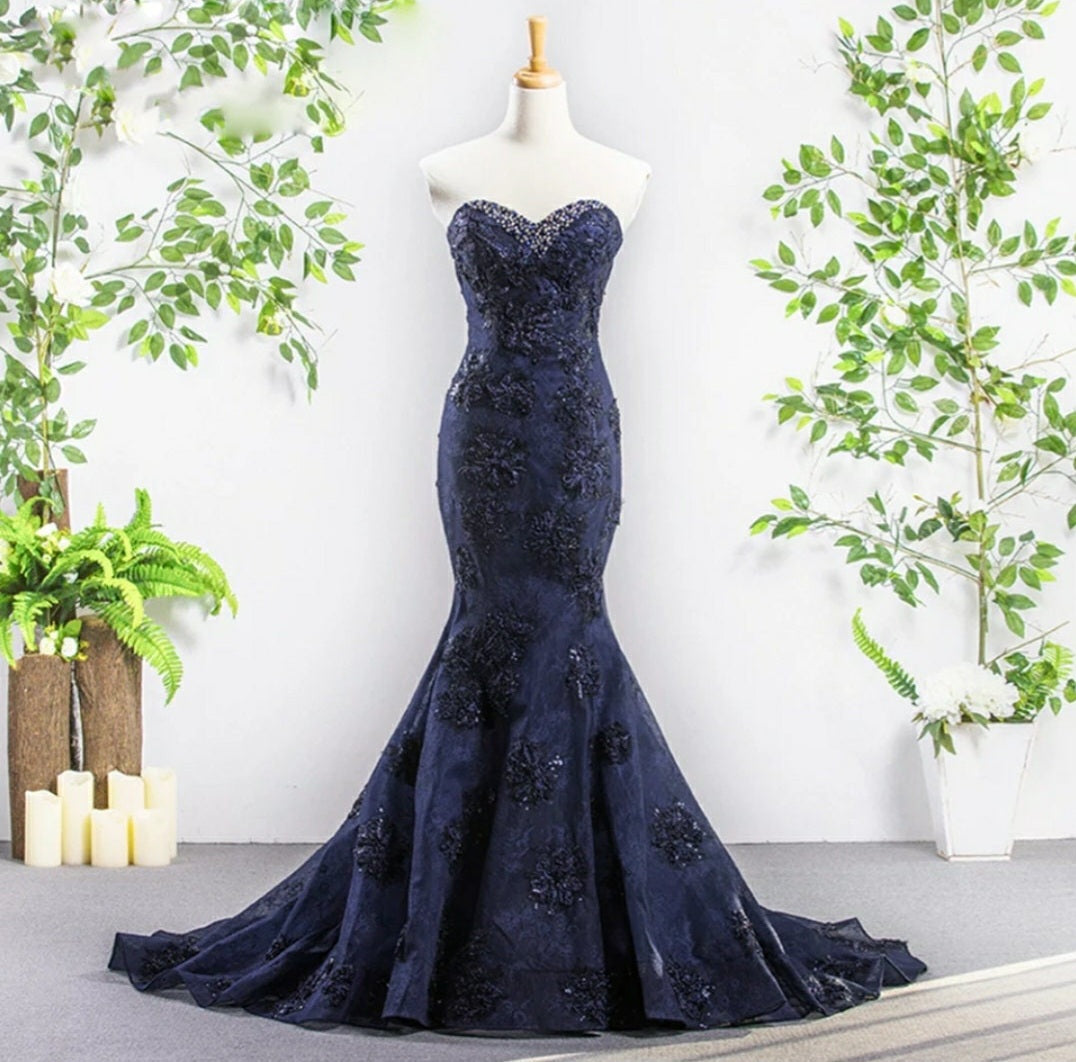 Crystal Beading & Appliqués Lace Mermaid Style Gown With Trailing Court Train