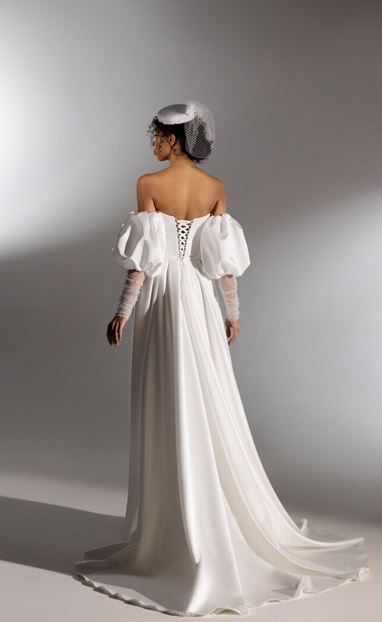 Detached Satin Bicep Balloon Sheer Embellished Rhinestone Sleeves