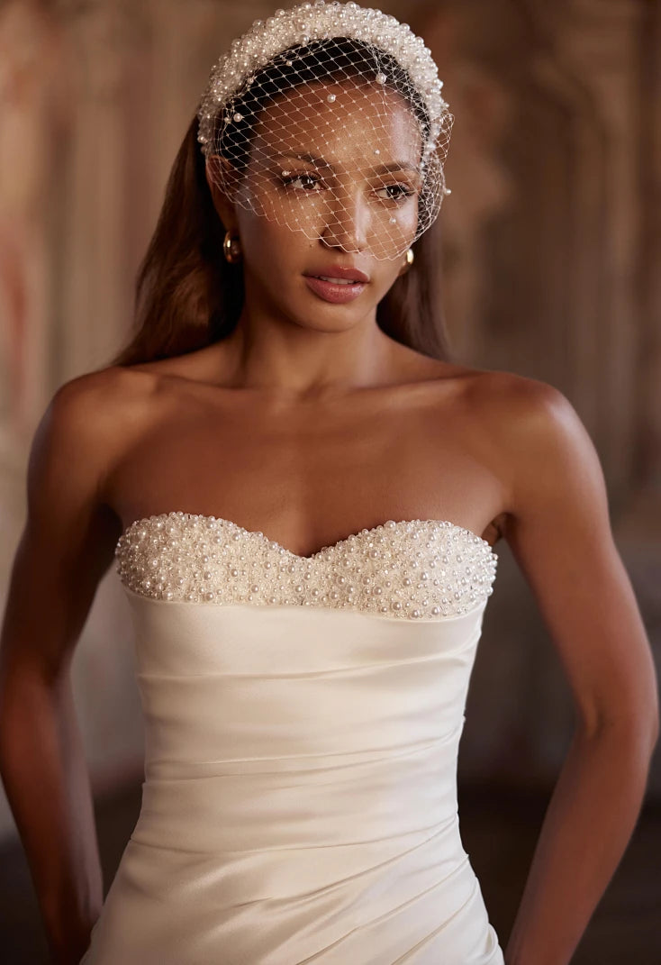 Ivory Mikado Corset Mermaid Silhouette Bridal Gown With Romantic Sweetheart Neckline With Horizontal Draping And Pearl Sequin Beaded Detail