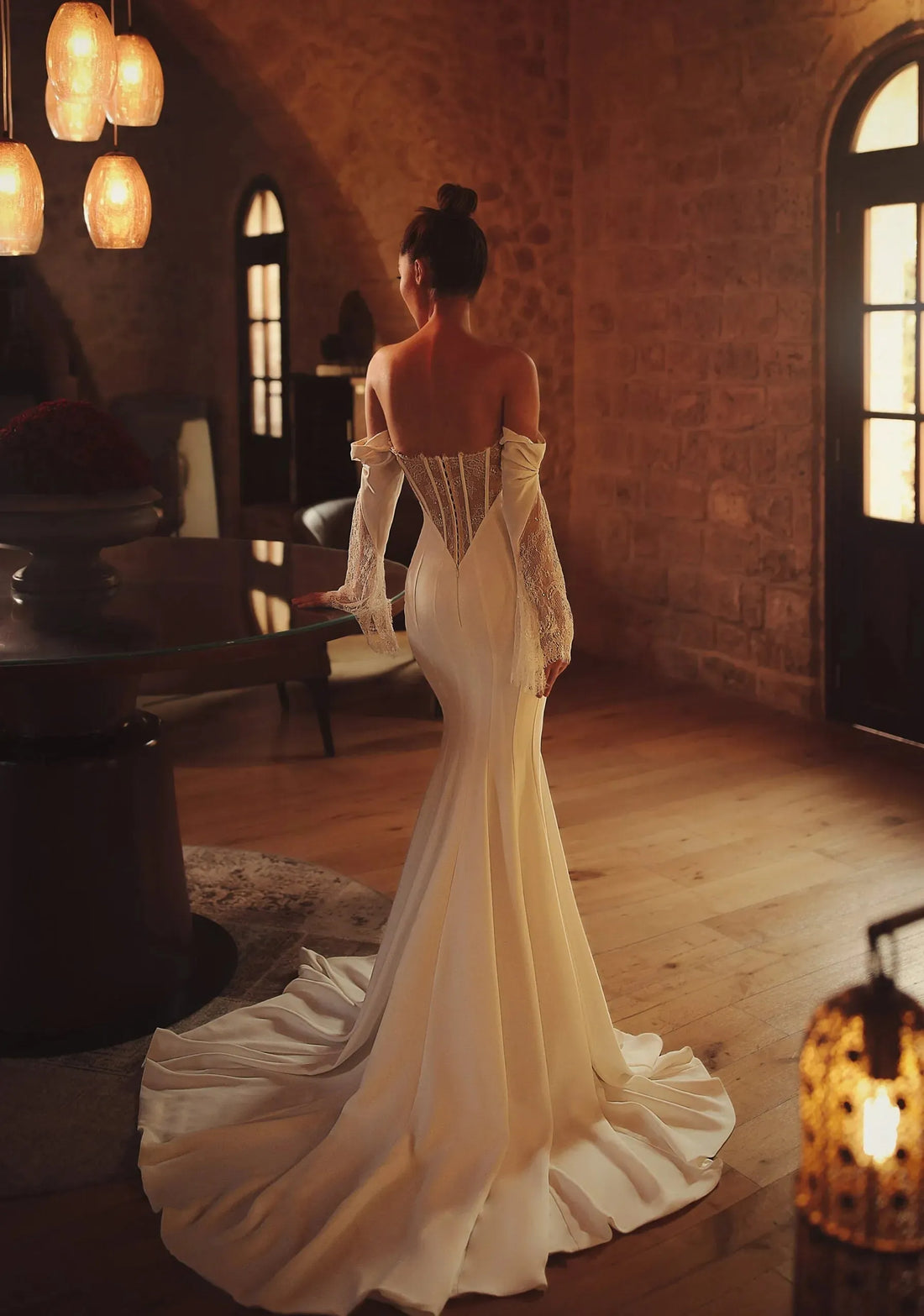 Off The Shoulder Sweetheart 3/4 Sleeve Pleated Corset Sexy Eyelash Lace Underlay Mermaid Bridal Gown