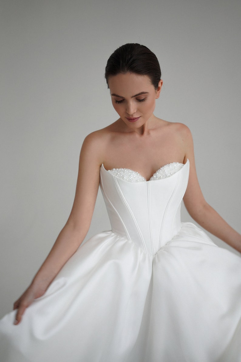 Crystal & Pearl Beaded Underlay Mikado Satin Sweetheart Scoop Neckline Strapless Bridal Ball Gown