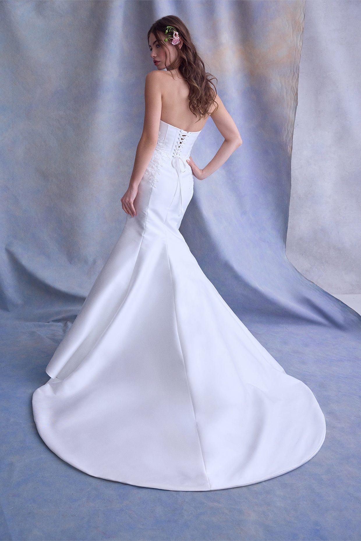 Mikado Trumpet Bridal Gown With Plunging Strapless Neckline And Symmetrical Floral Appliqués