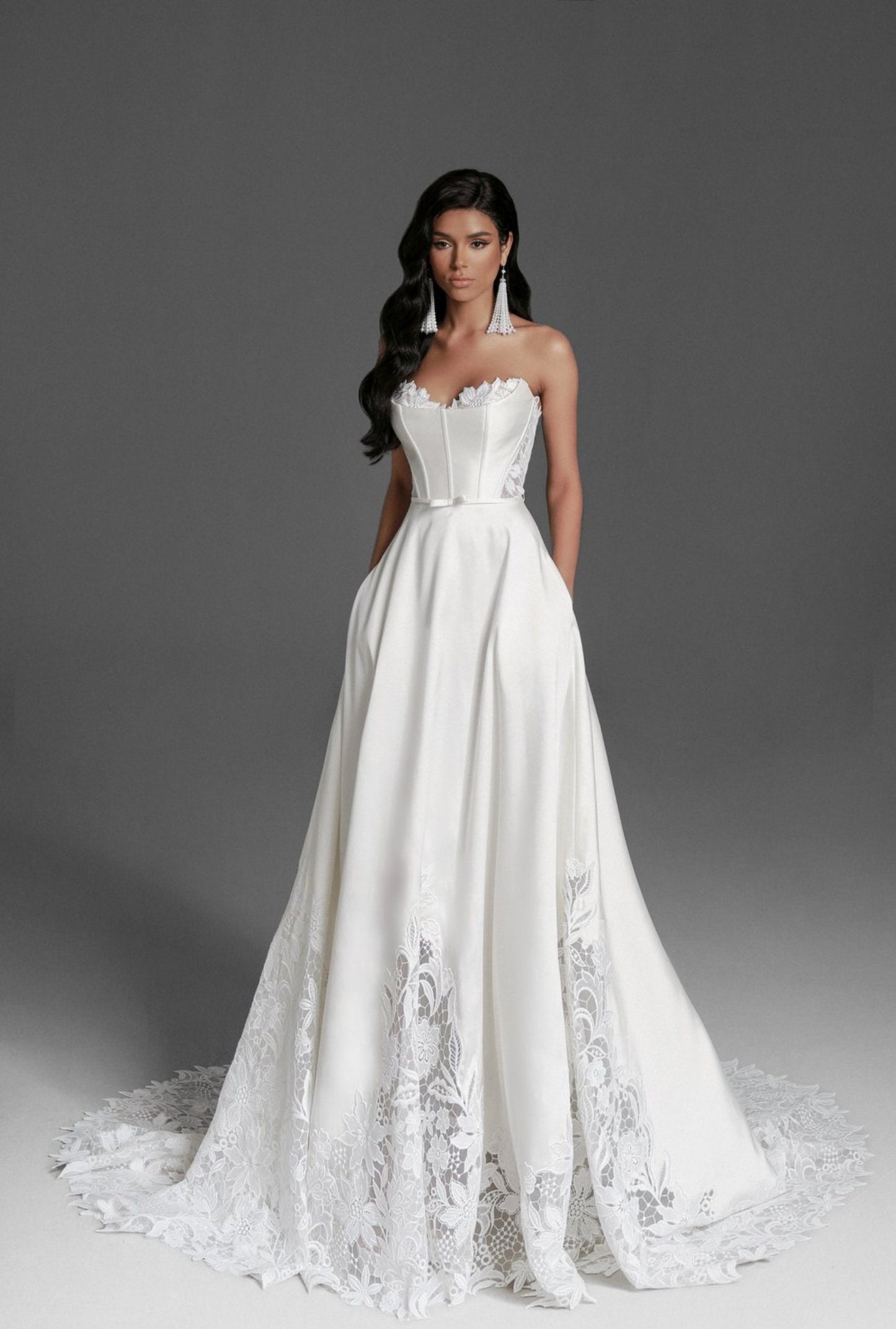 Beautiful Floral Lattice Corset Style Bodice With Petite Bow Knot Waistline And Floral Lattice Hem Trimmed Gown