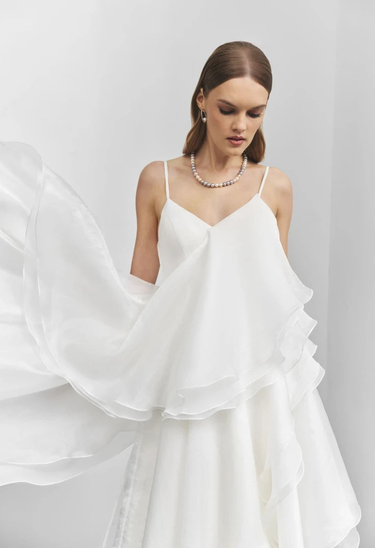 A-Line Silhouette Shiny Organza And Gentle Chiffon Layered Flounce V Neckline With Spaghetti Strap Minimalist Bridal Gown