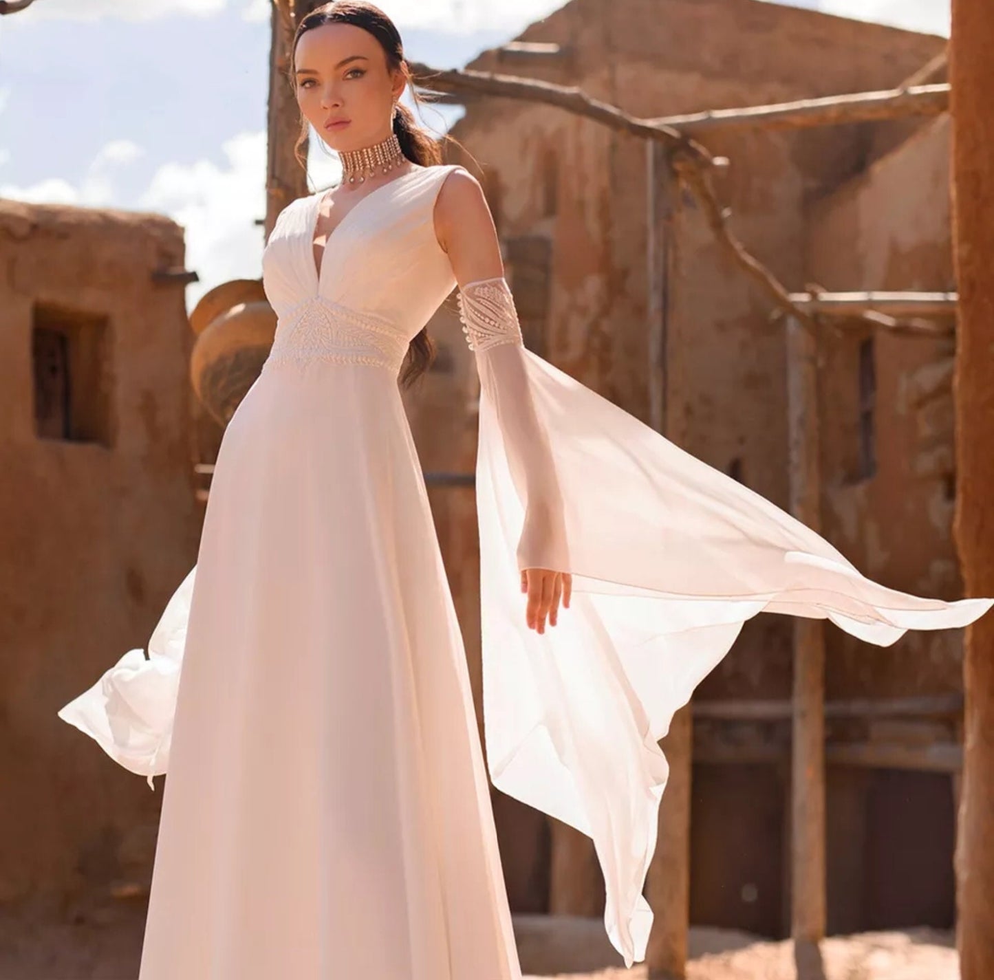 Detached Chiffon Asymmetrical Lace Appliqué Bicep Bell Sleeves