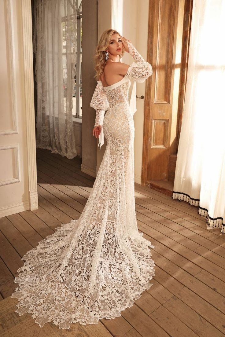 Detached 3/4 Floral Lace Juliet Bow Knot Bicep Sleeves With Finger Ring