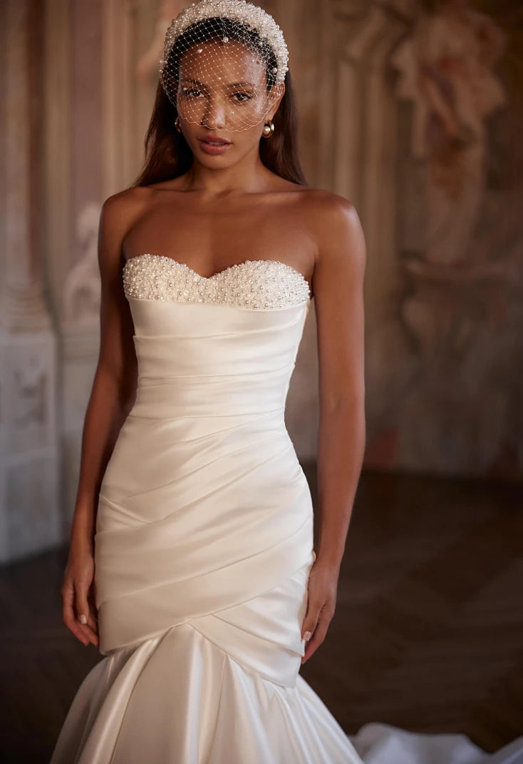 Ivory Mikado Corset Mermaid Silhouette Bridal Gown With Romantic Sweetheart Neckline With Horizontal Draping And Pearl Sequin Beaded Detail