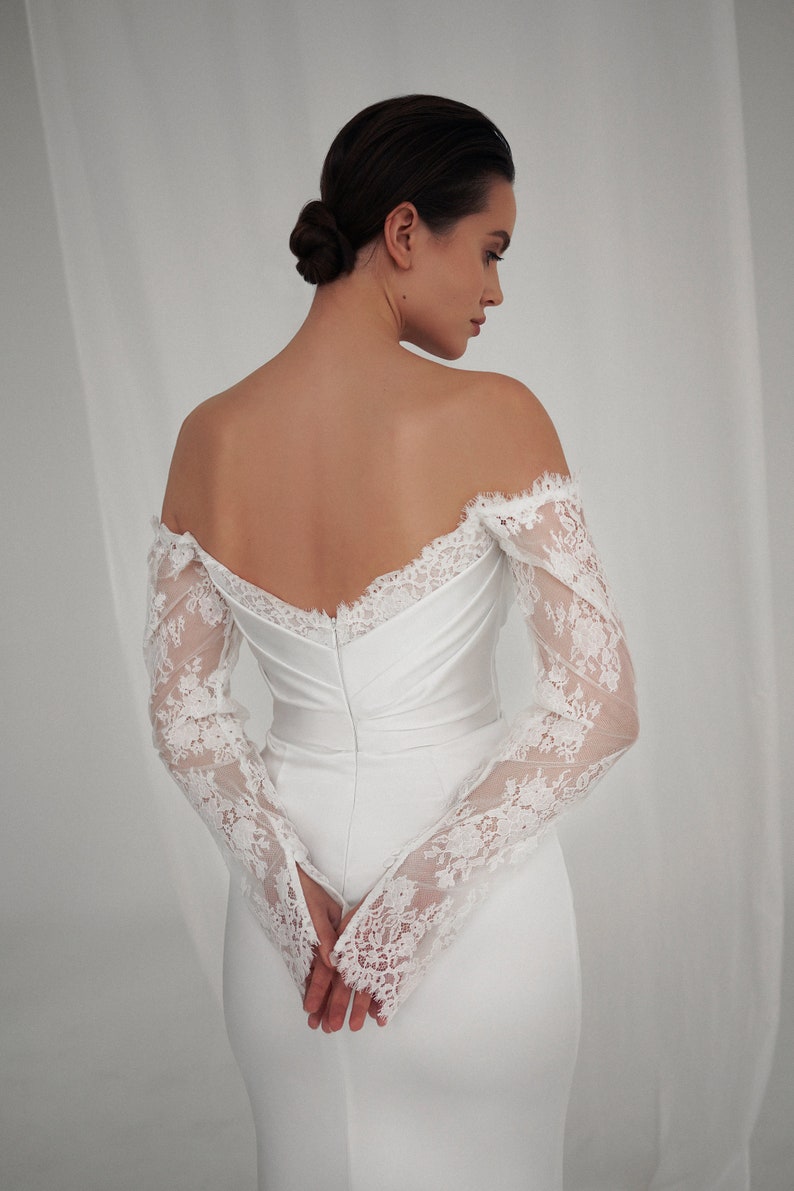 Beautiful Off The Shoulder Satin & Eyelash Lace Underlay Sweetheart Scooped Neckline Form Fitting Trumpet Bridal Gown