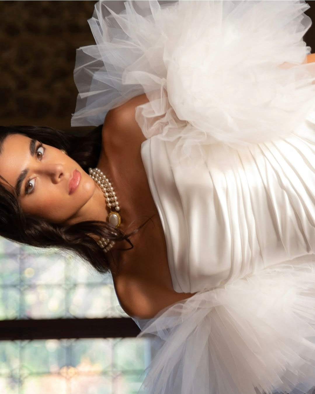 Minimalist Timeless And Elegant Strapless Pleated Luxurious Satin Trumpet Bridal Gown With Detached Layered Tulle Puff Jacket