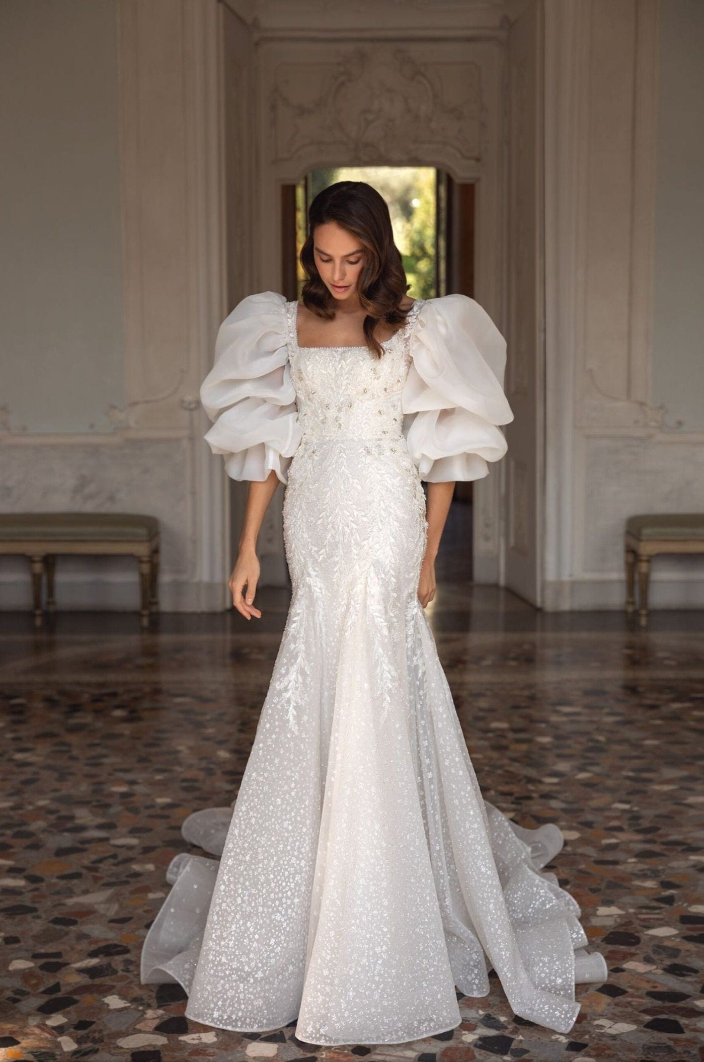Detached Organza Over The Shoulder Layered Puff Half Sleeves
