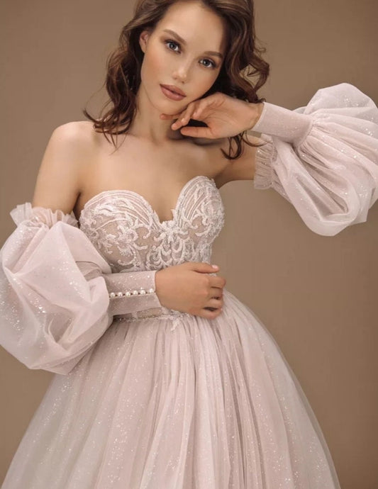 Detached Victorian Era Glitter Tulle Sleeves With Pearl Beaded Buttons