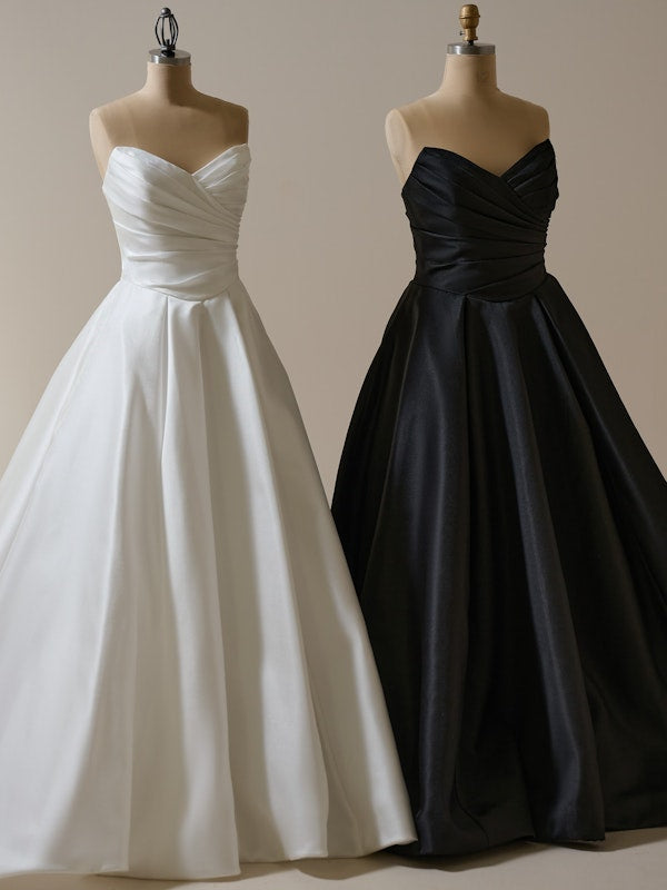 Beautiful Pleated Strapless Corset Satin Bridal Ball Gown With Detached Bow Detail Arm Train