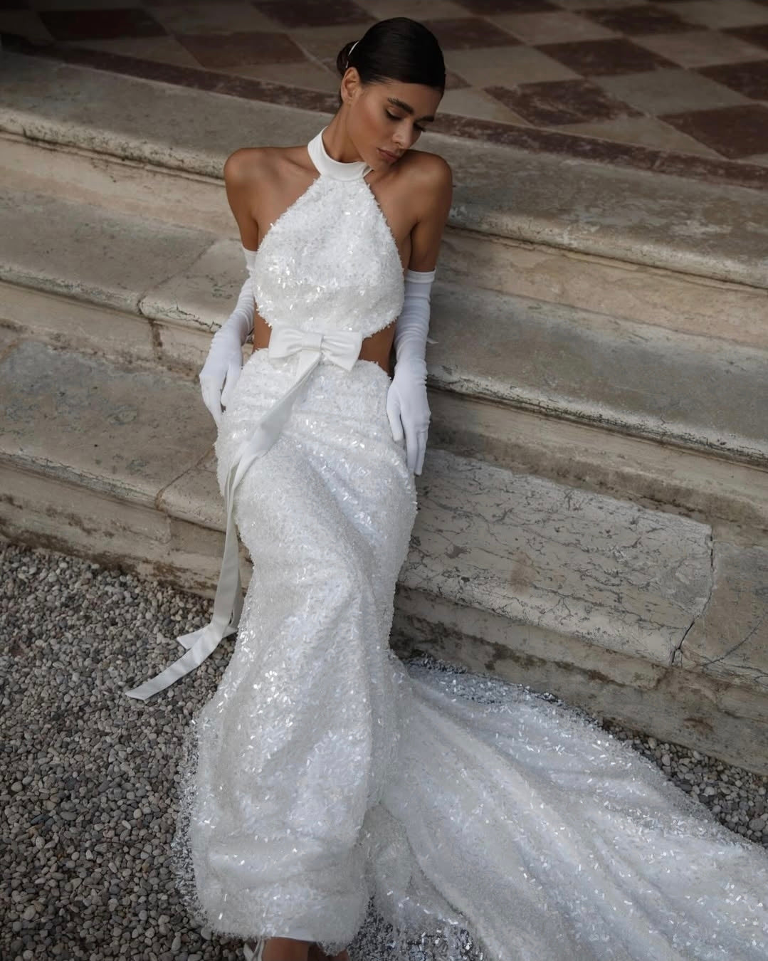 Stunning Sparkling Halter Neck, Illusion Side Cut Out With Front And Back Bowknot Detail Bridal Gown