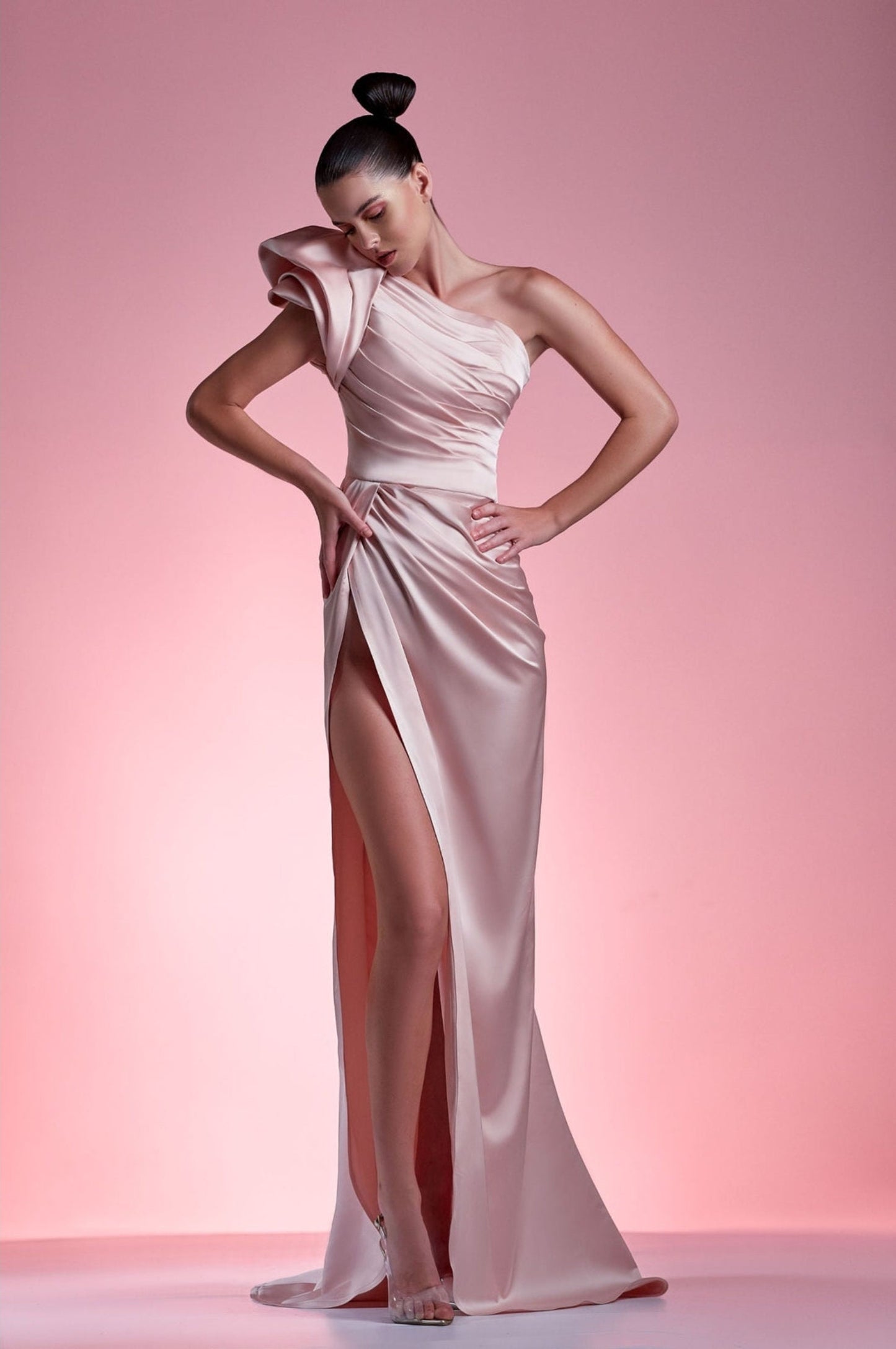 Thigh High Split Hem Satin Irregular Neckline Layered One Shoulder Gown