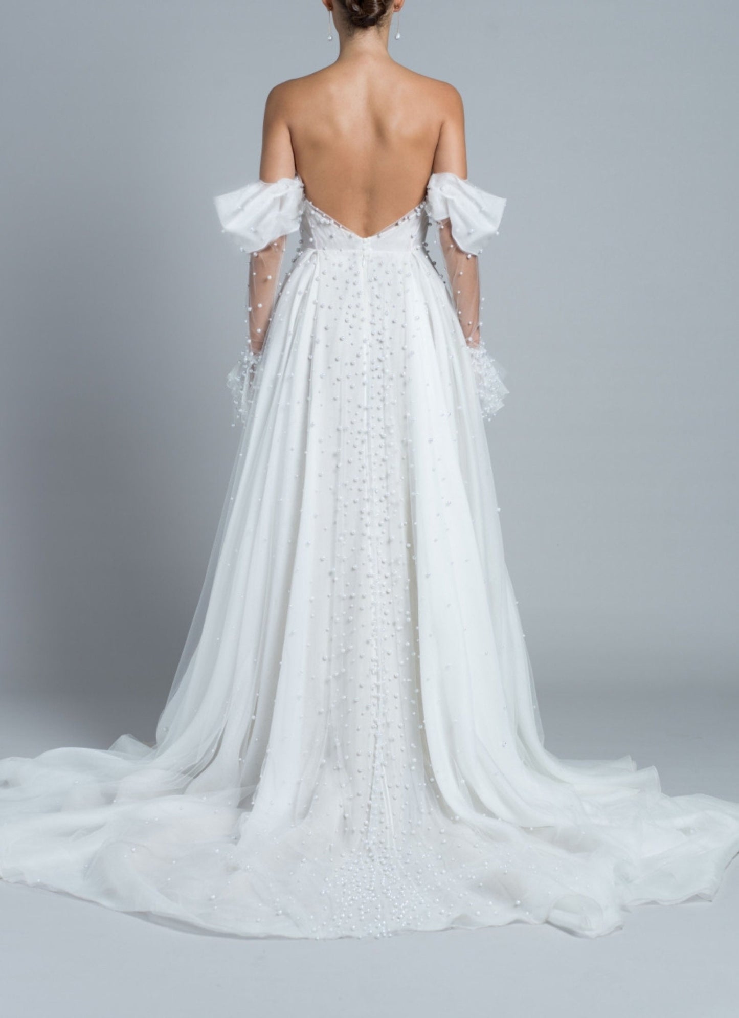 Detached 3/4 Elegant Pearl Beaded Sheer Draped Sleeves