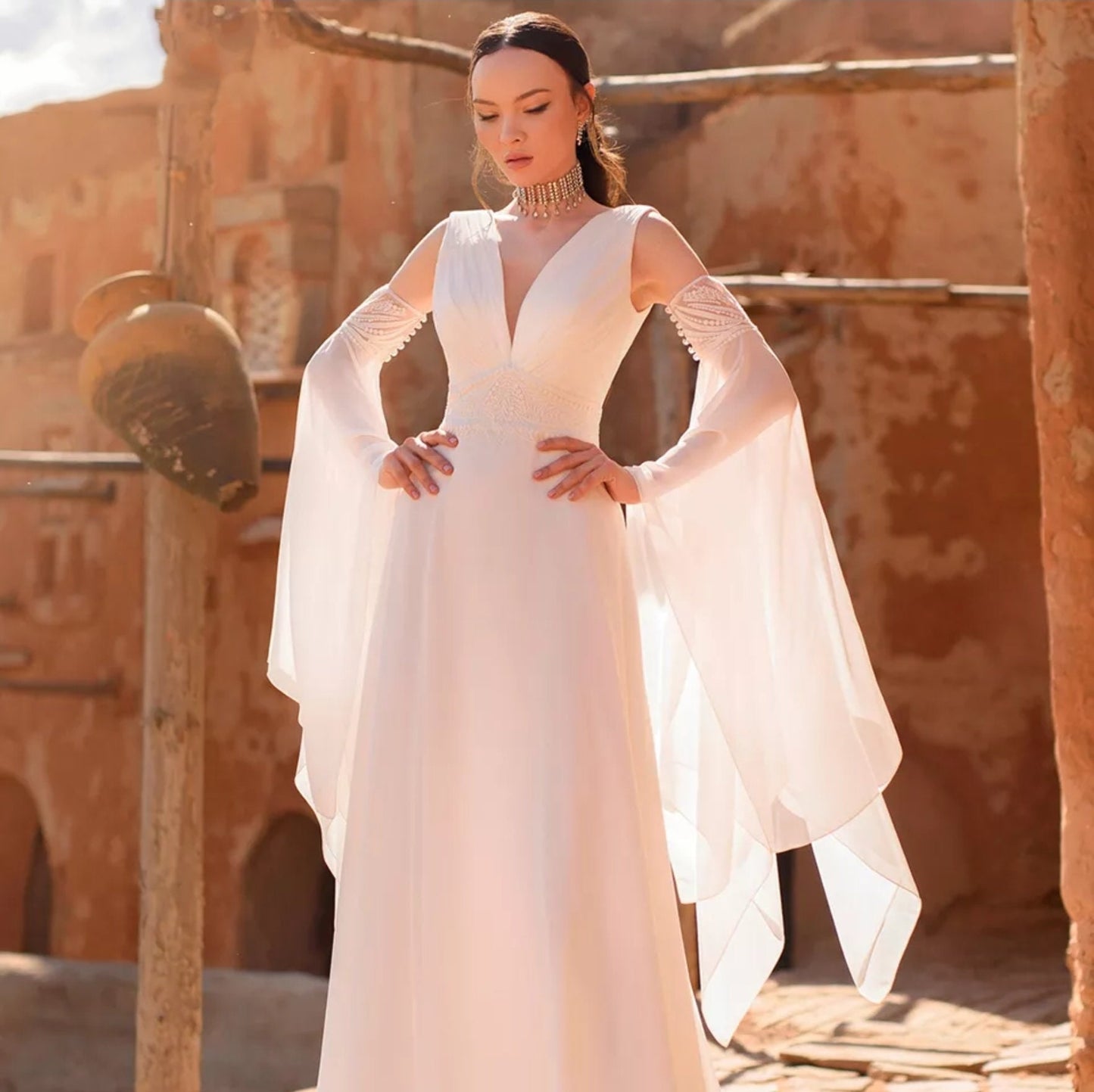 Detached Chiffon Asymmetrical Lace Appliqué Bicep Bell Sleeves