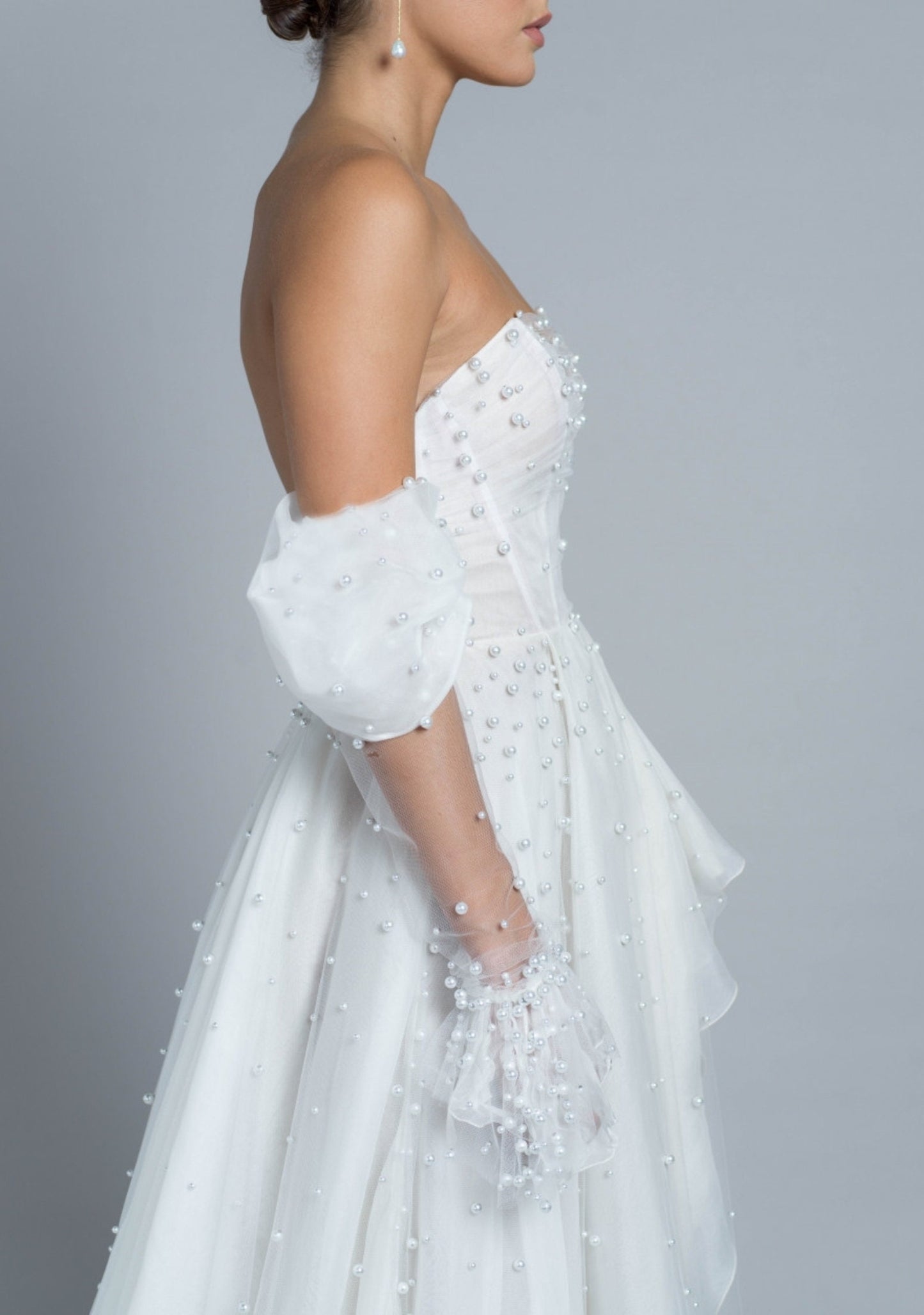 Detached 3/4 Elegant Pearl Beaded Sheer Draped Sleeves