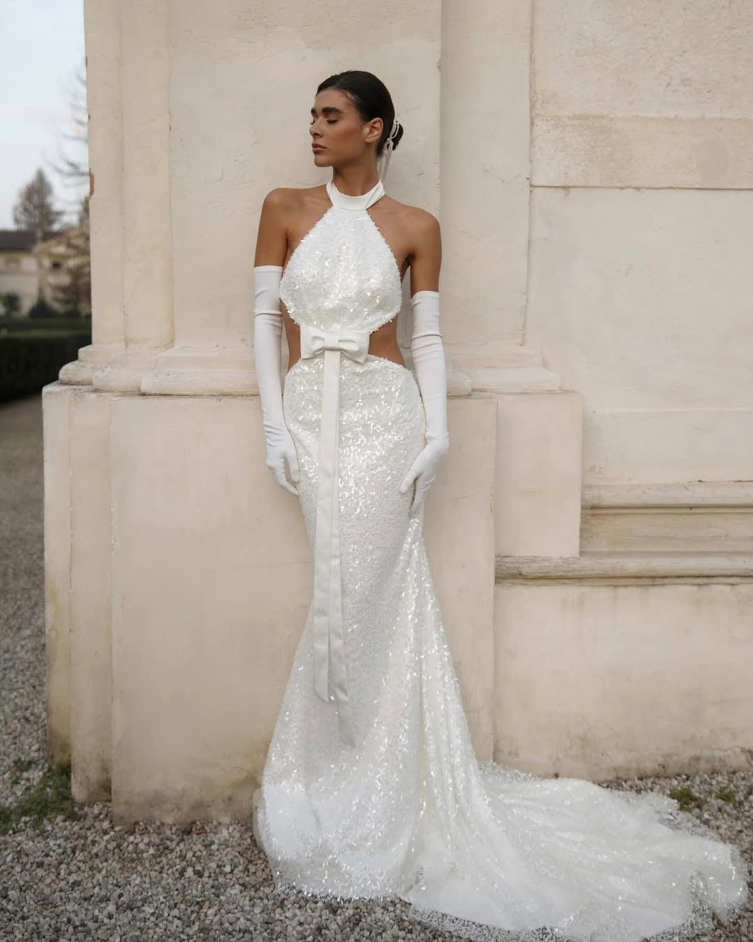 Stunning Sparkling Halter Neck, Illusion Side Cut Out With Front And Back Bowknot Detail Bridal Gown