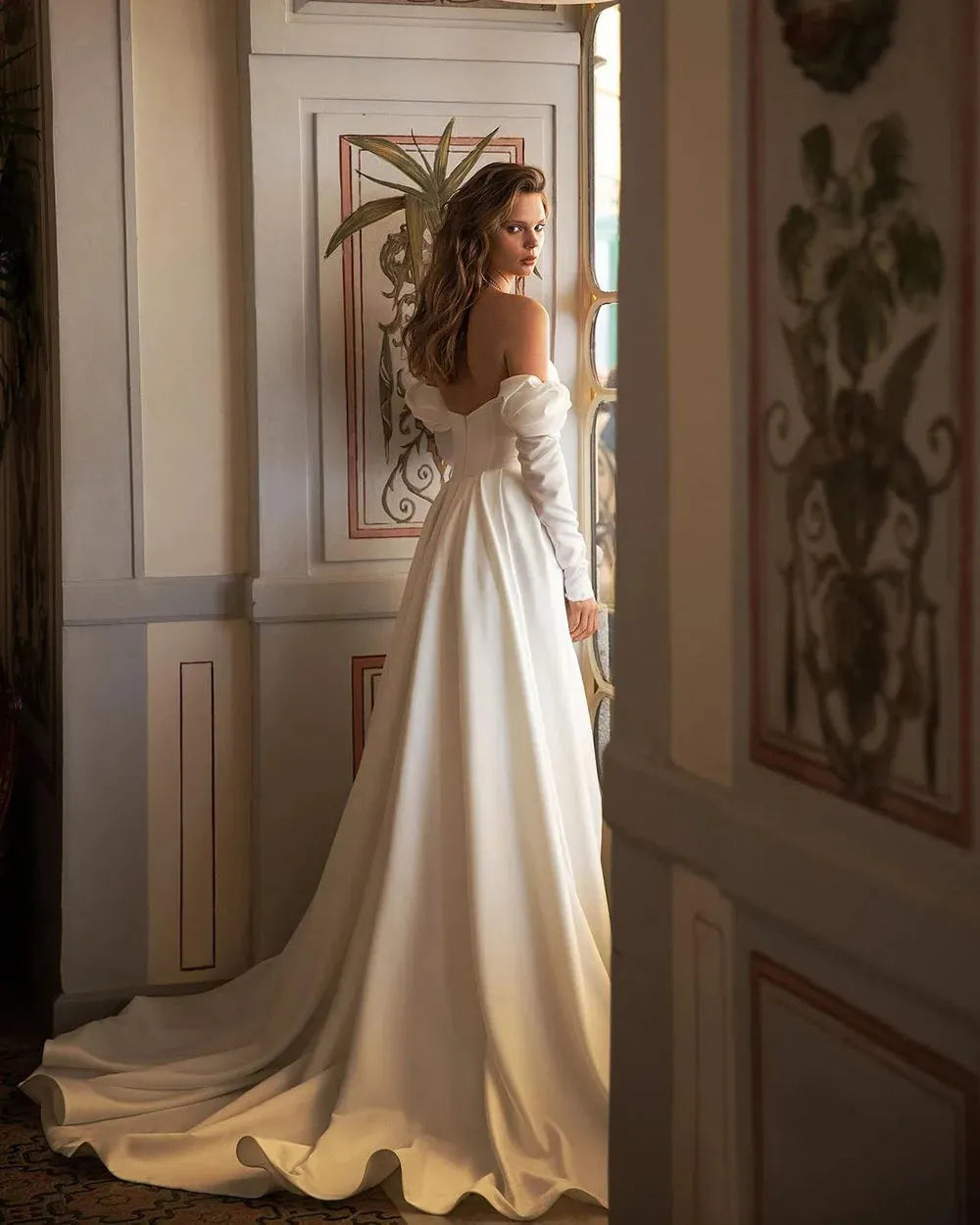 Mikado Strapless Criss Cross V-Neck A-Line Minimalist Bridal Gown With Detached 3/4 Bicep Puff Sleeves