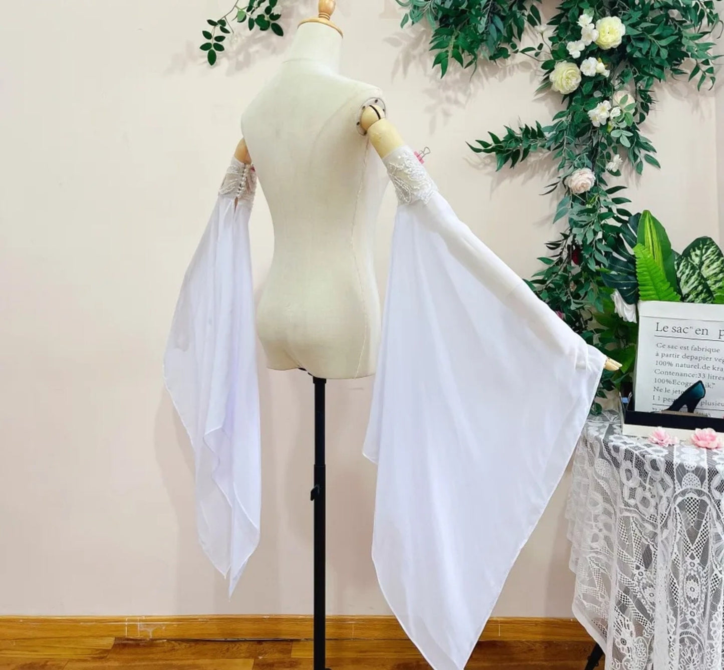 Detached Chiffon Asymmetrical Lace Appliqué Bicep Bell Sleeves