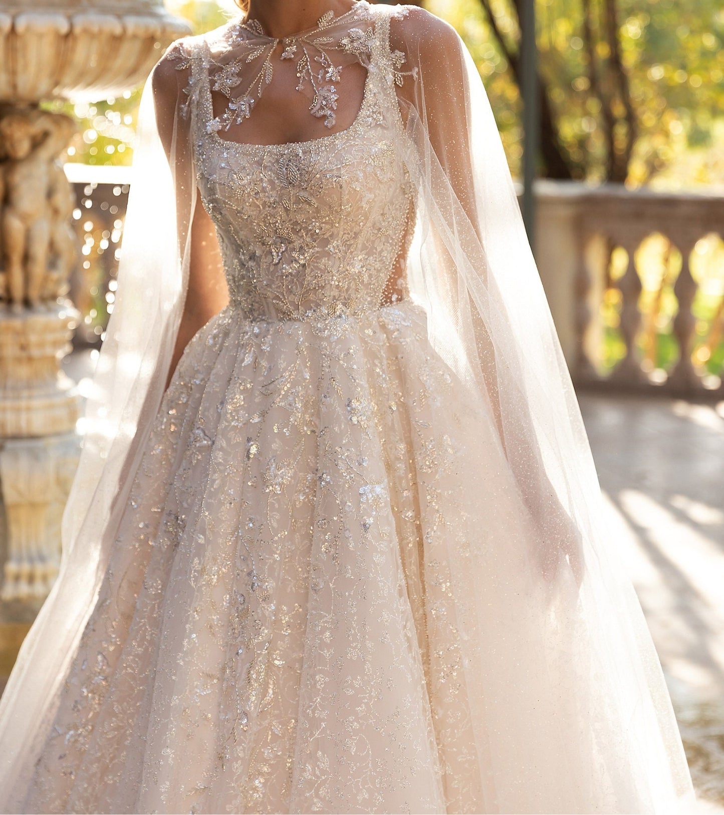 Floral Vine Appliqués & Shimmer Tulle Cape
