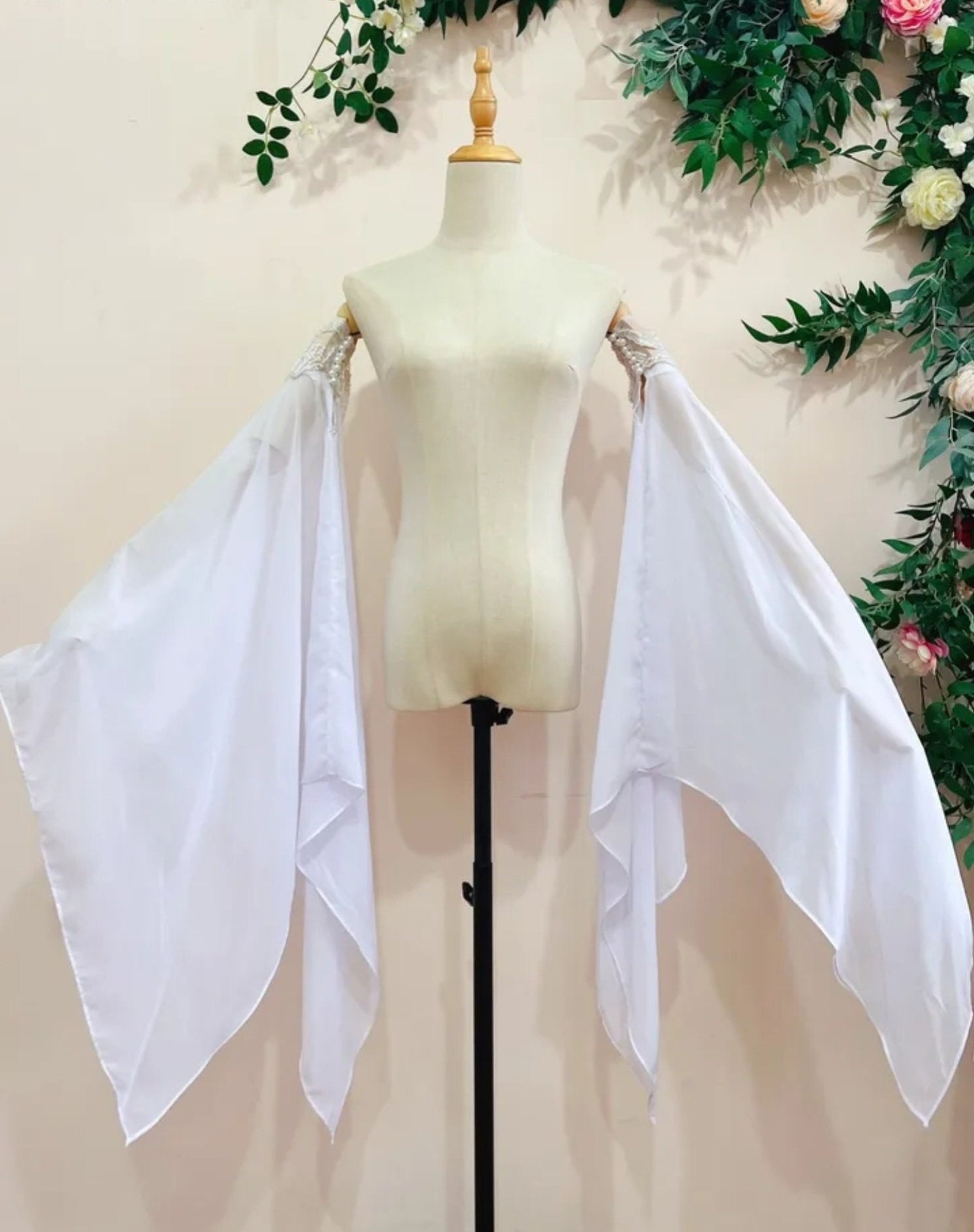 Detached Chiffon Asymmetrical Lace Appliqué Bicep Bell Sleeves