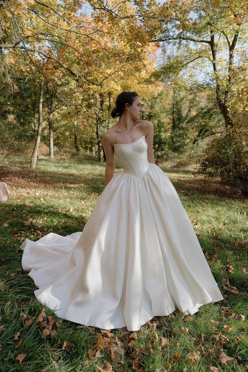 scoop neck corset wedding dress Crinkle satin strapless wedding dress basque waist corset bodice, cowl neck, sleeves, Brooklyn NYC Loulette Bride