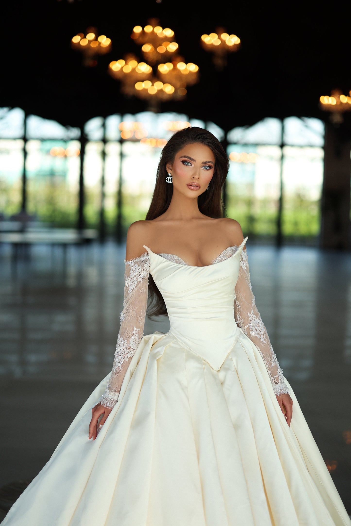 Off The Shoulder Lace Long Sleeve Sculpted Bodice And Pleated Skirt Wedding Gown