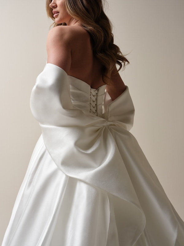 Beautiful Pleated Strapless Corset Satin Bridal Ball Gown With Detached Bow Detail Arm Train