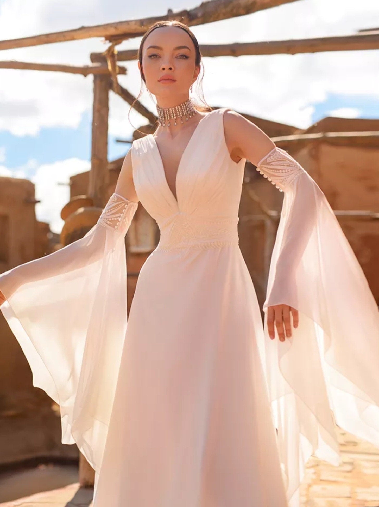 Detached Chiffon Asymmetrical Lace Appliqu Bicep Bell Sleeves WenLeeBridal Detached Chiffon Asymmetrical Lace Appliqu Bicep Bell Sleeves WenLeeBridal
