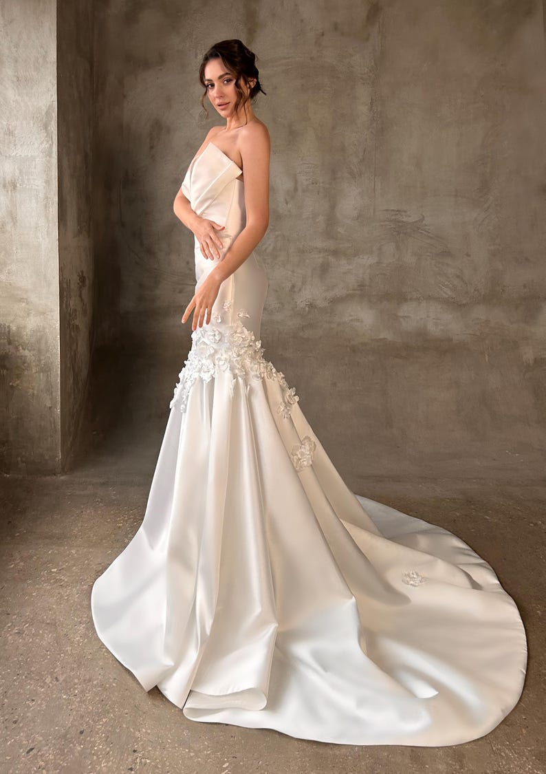 Floral Draped Detail Mikado Satin Strapless Irregular Plunging Trumpet Bridal Gown