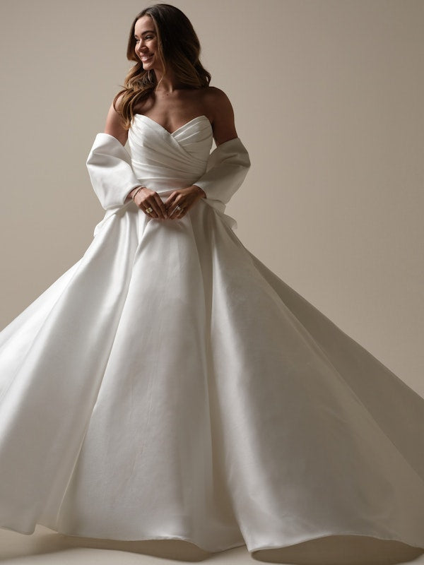 Beautiful Pleated Strapless Corset Satin Bridal Ball Gown With Detached Bow Detail Arm Train