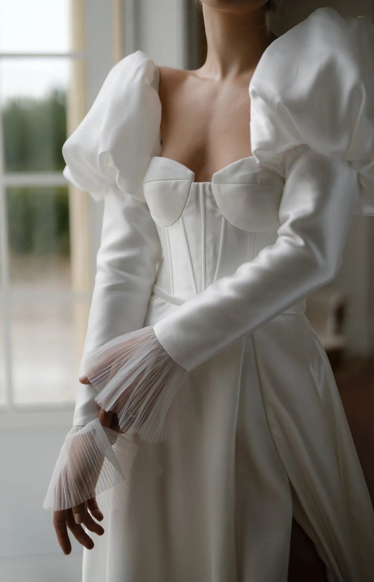 Detached Victorian Shoulder Puff To Fitted Satin Sleeves With Pleated Tulle Frill Cuff