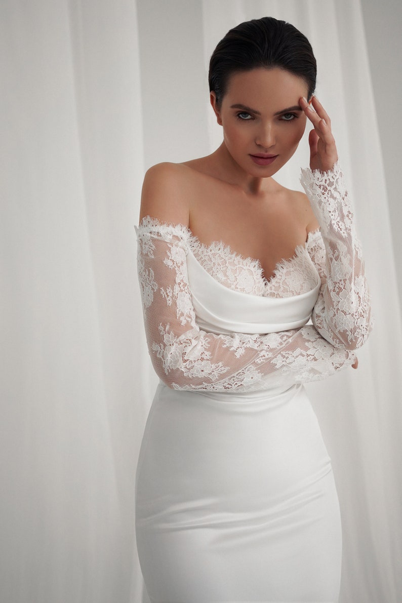 Beautiful Off The Shoulder Satin & Eyelash Lace Underlay Sweetheart Scooped Neckline Form Fitting Trumpet Bridal Gown