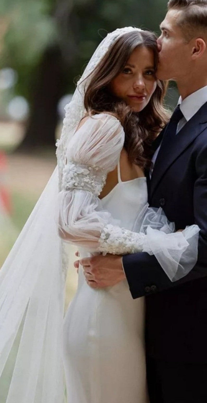 Detached Floral Sequinned Lace Over The Hand Bishop Sleeves