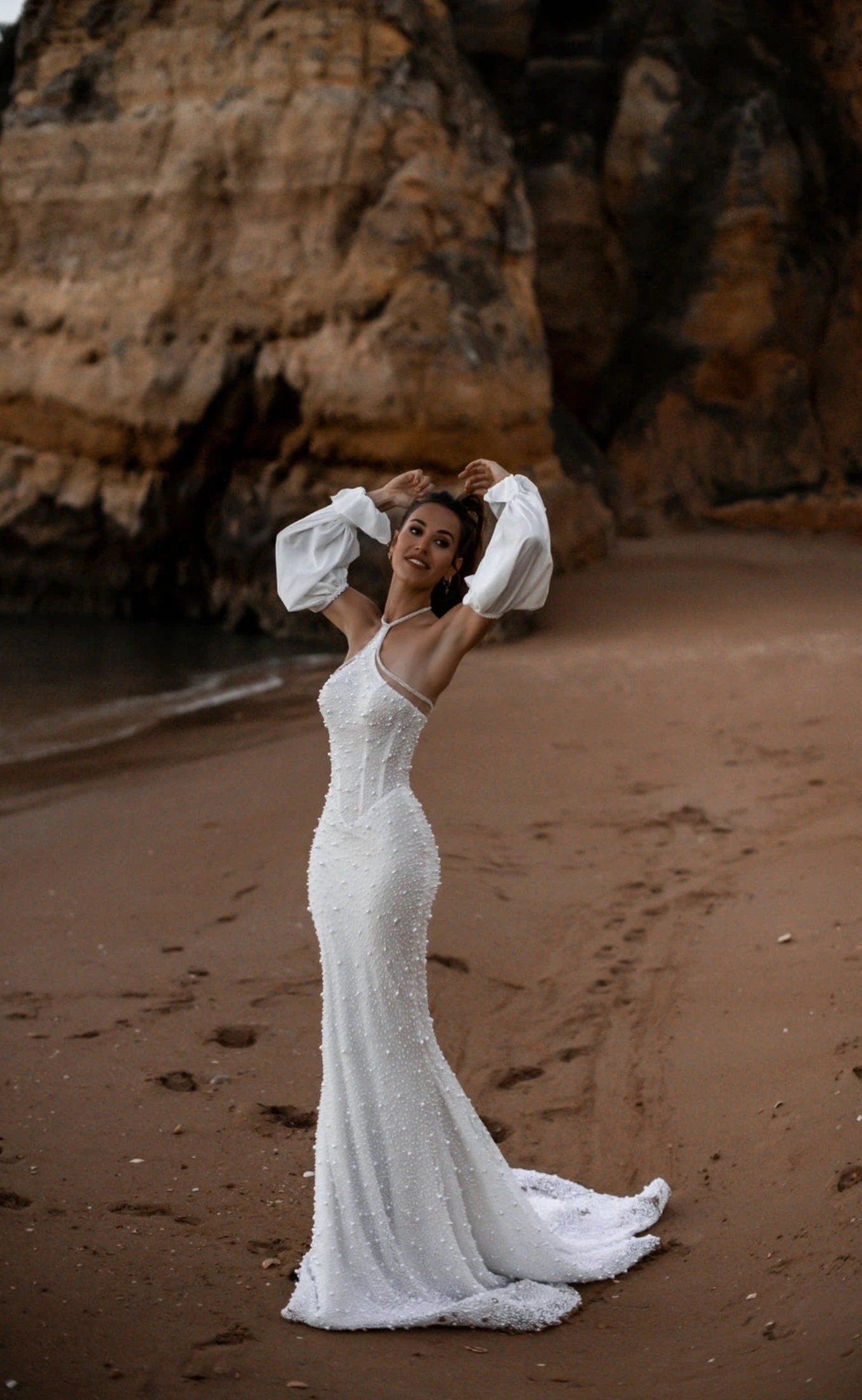 Detached Chiffon/Silk Chiffon 3/4 Pearl Beaded Bicep Sleeves
