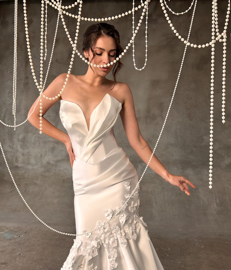 Floral Draped Detail Mikado Satin Strapless Irregular Plunging Trumpet Bridal Gown