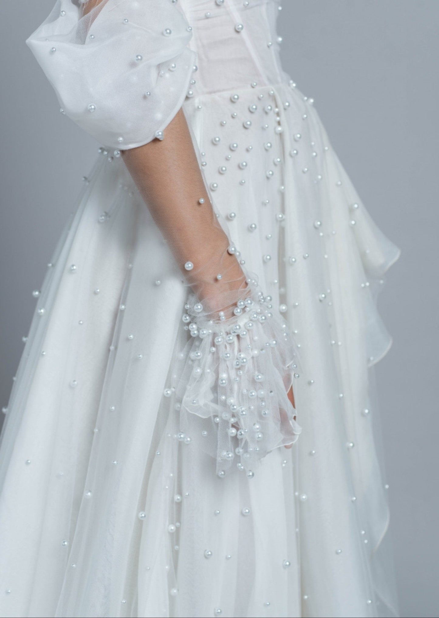 Detached 3/4 Elegant Pearl Beaded Sheer Draped Sleeves
