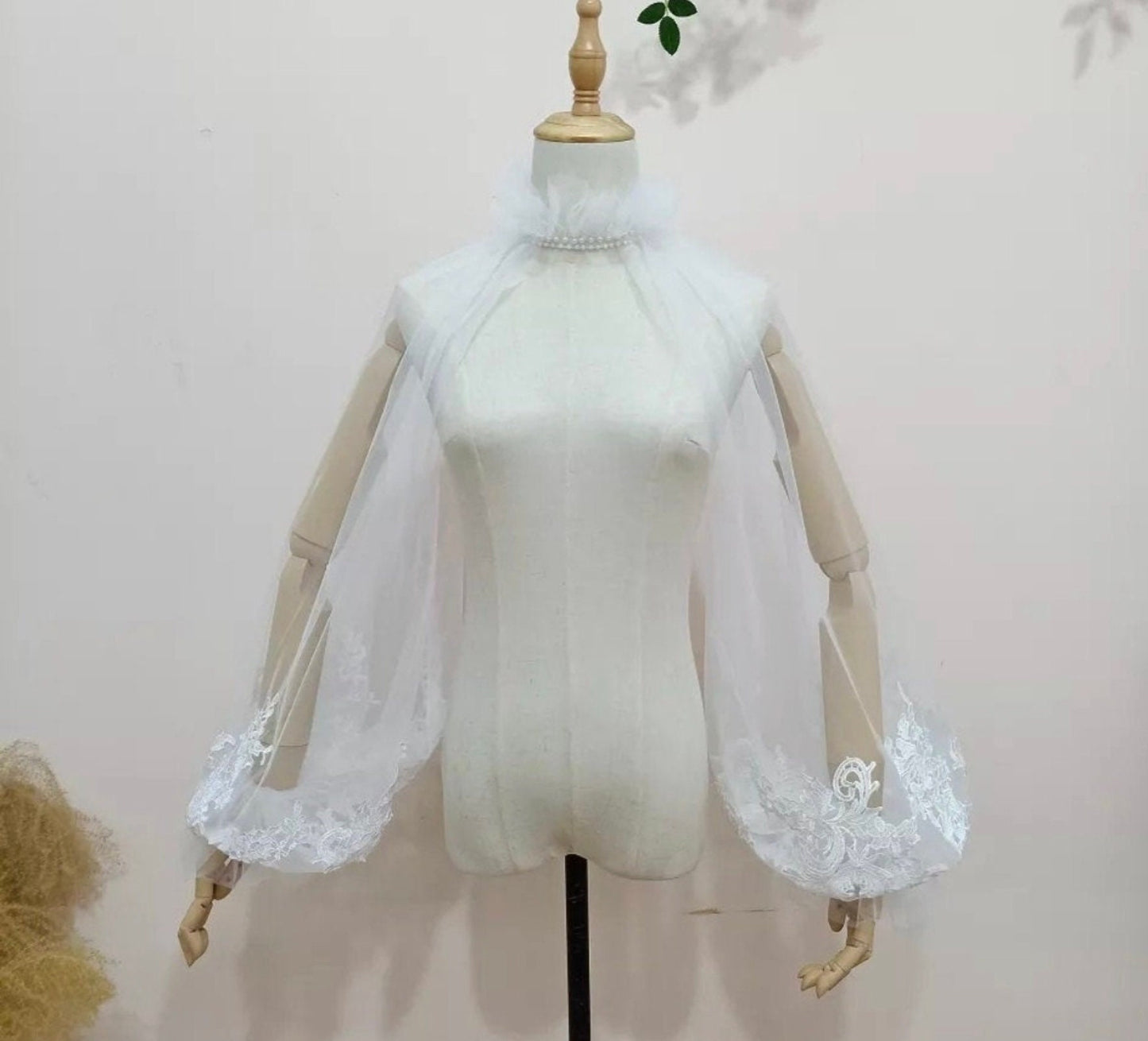Detached Long Sleeve High Pearl Beaded Neck Bolero Sleeves
