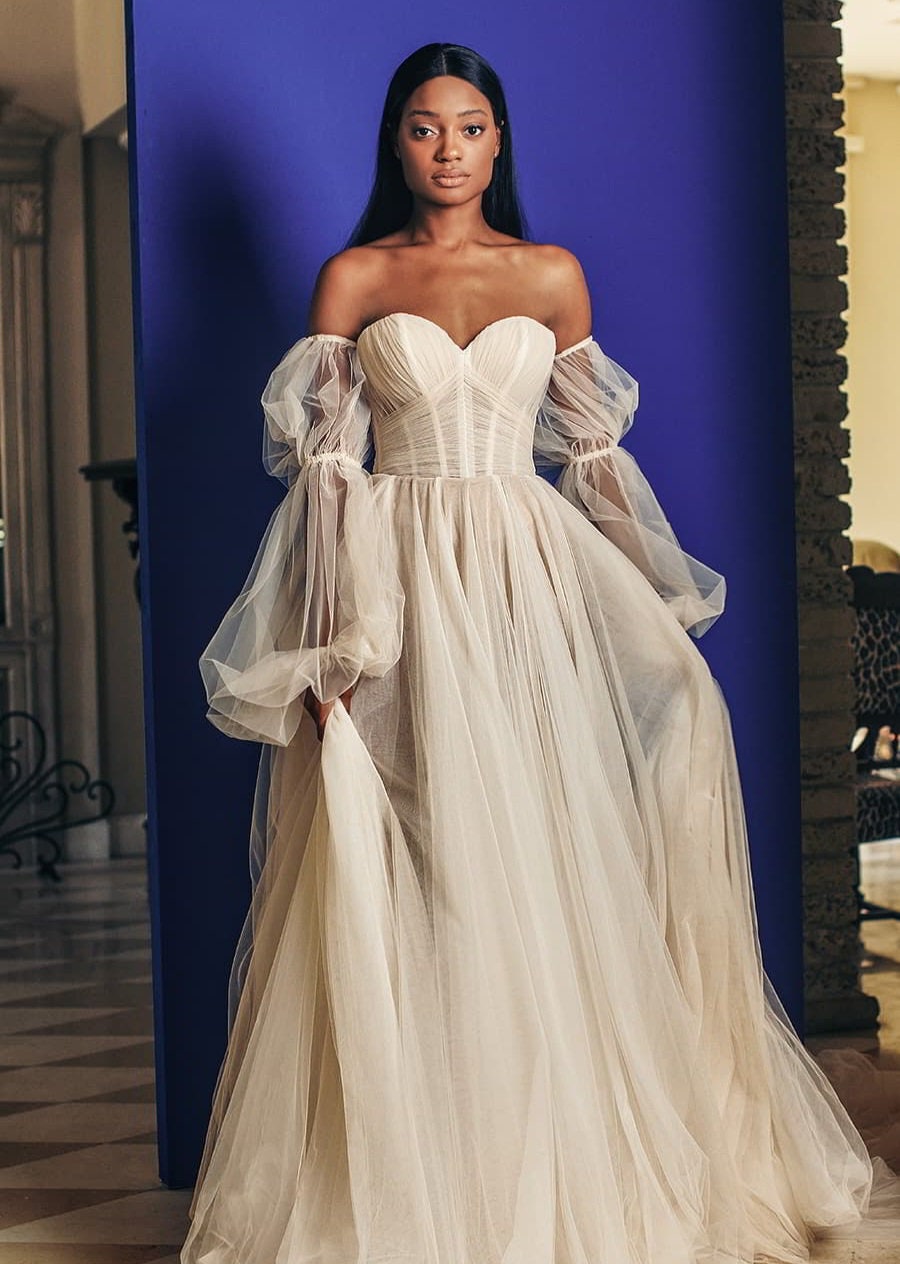 Detached Elbow Gathered Tulle Sleeves With Detached Satin Ribbon