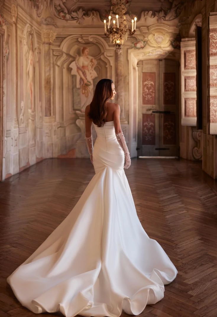 Ivory Mikado Corset Mermaid Silhouette Bridal Gown With Romantic Sweetheart Neckline With Horizontal Draping And Pearl Sequin Beaded Detail