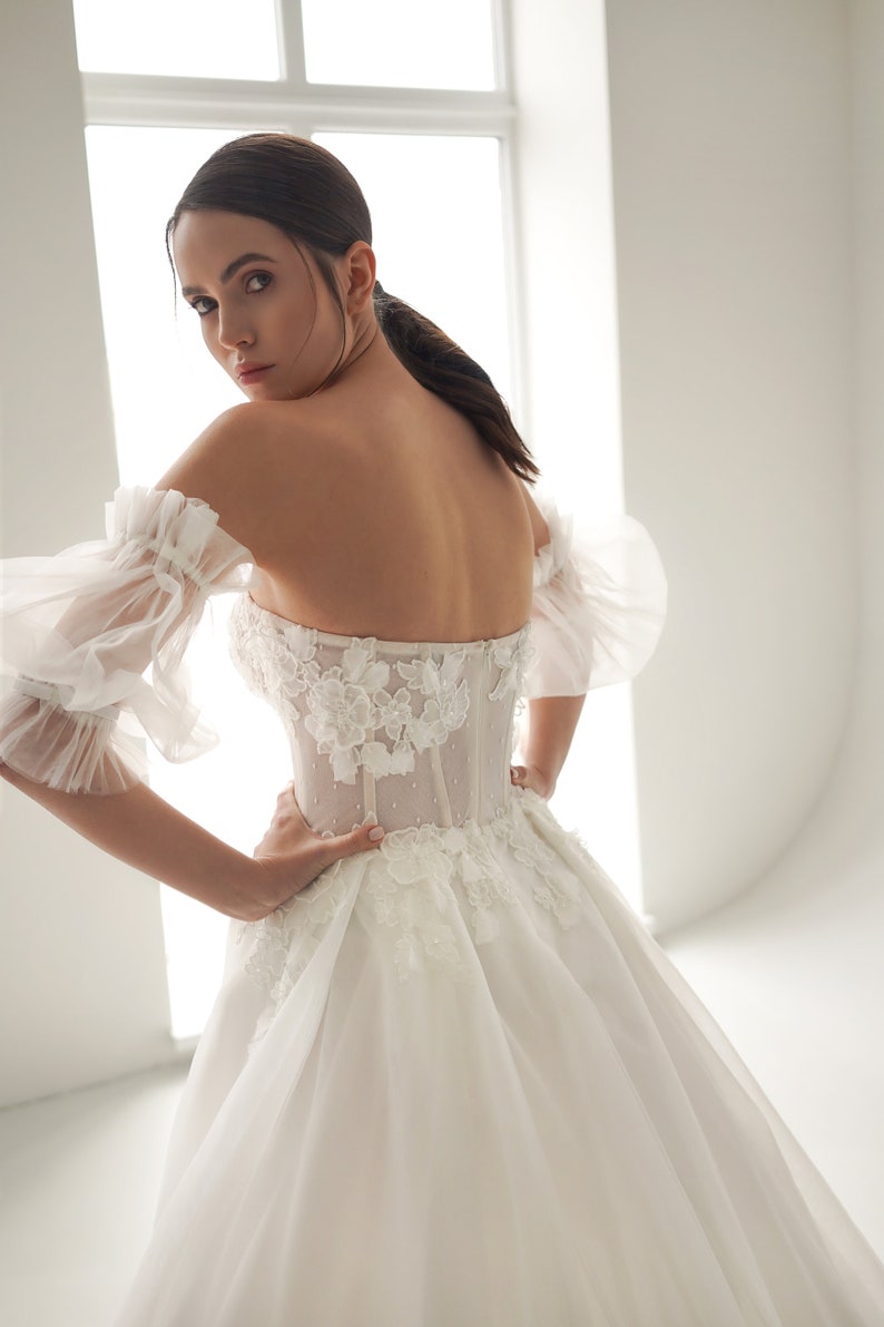 Sweeping Floral Sequin Appliqué Strapless Illusion Hollow Center Sheath Mini With A-Line Attached Overlay Gown And Detached Sleeves