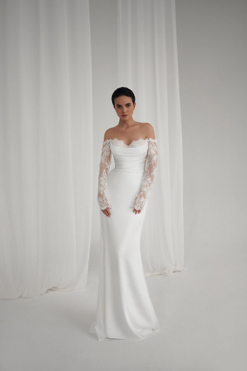 Beautiful Off The Shoulder Satin & Eyelash Lace Underlay Sweetheart Scooped Neckline Form Fitting Trumpet Bridal Gown