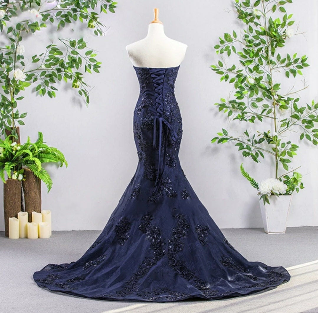 Crystal Beading & Appliqués Lace Mermaid Style Gown With Trailing Court Train