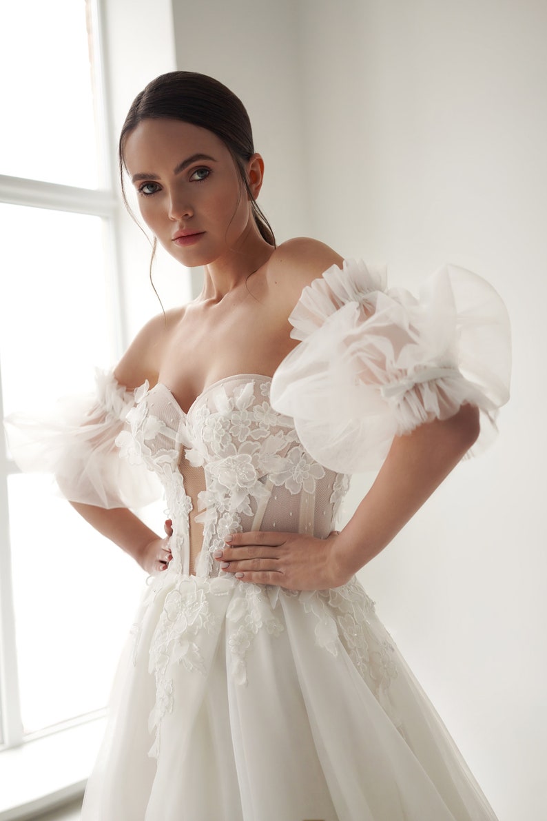 Sweeping Floral Sequin Appliqué Strapless Illusion Hollow Center Sheath Mini With A-Line Attached Overlay Gown And Detached Sleeves
