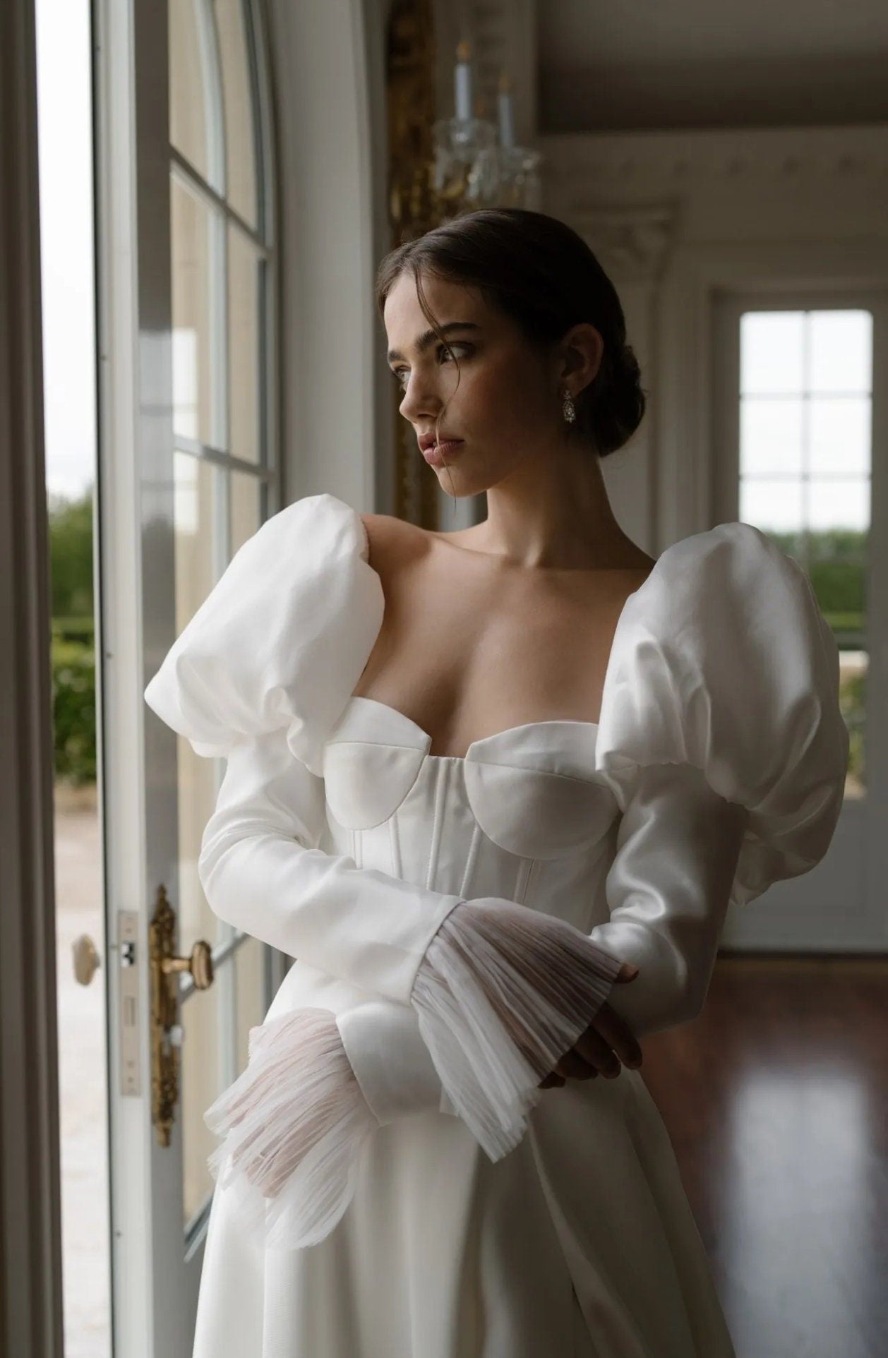 Detached Victorian Shoulder Puff To Fitted Satin Sleeves With Pleated Tulle Frill Cuff