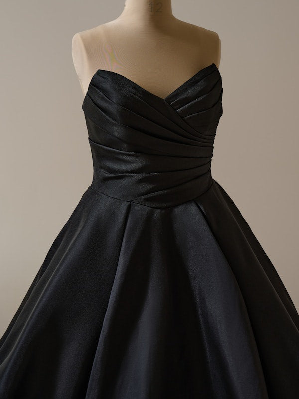 Beautiful Pleated Strapless Corset Satin Bridal Ball Gown With Detached Bow Detail Arm Train