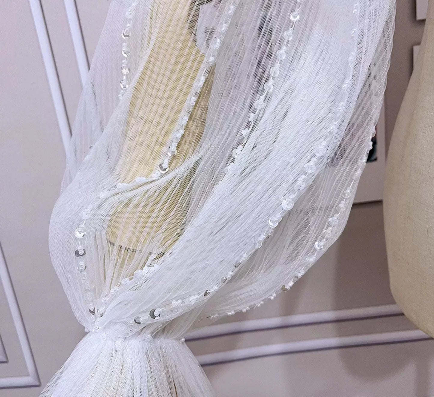 Detached Pearl Beaded & Sequin Detail Plisse Tulle Sleeves
