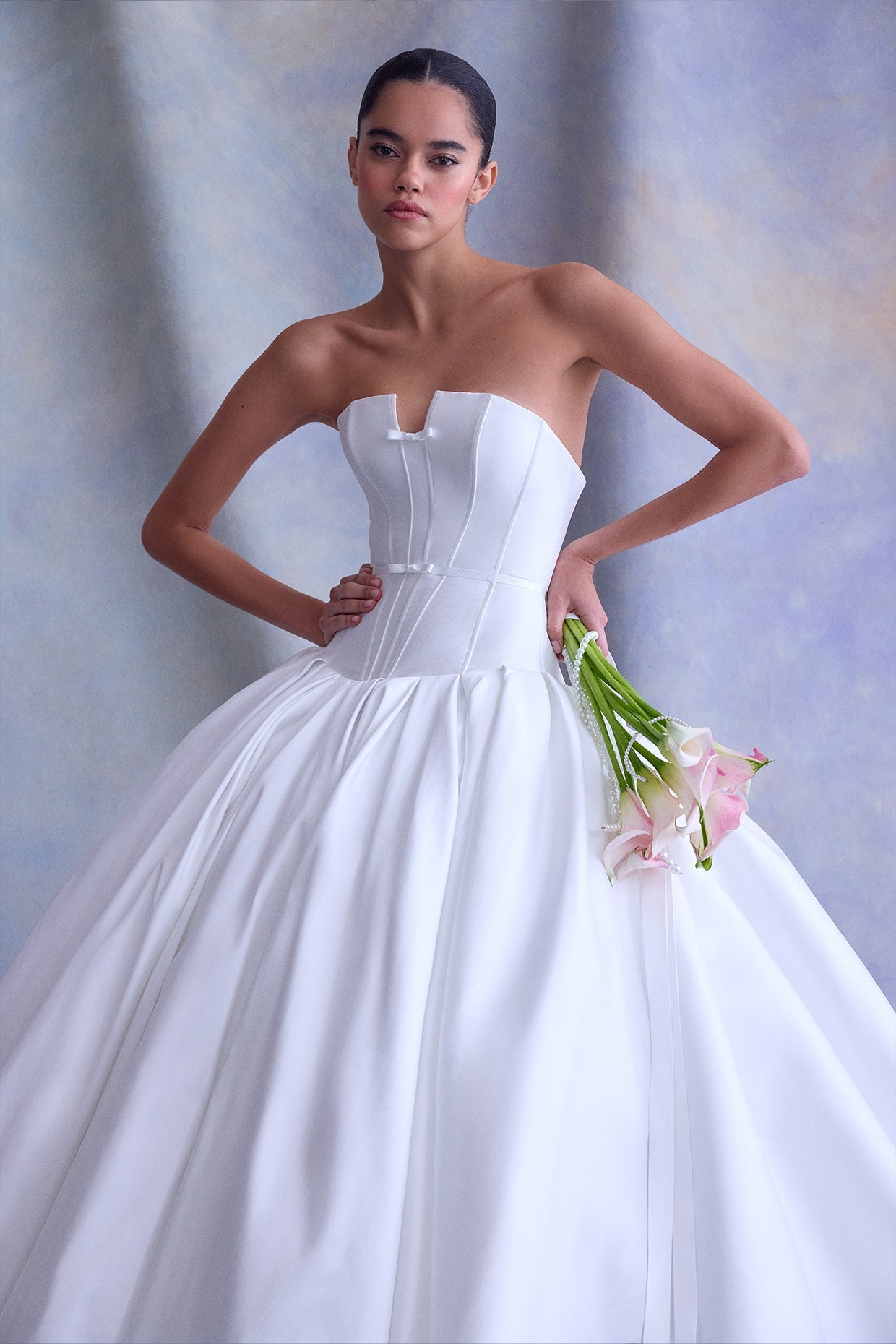 Mikado Drop Waisted Bridal Ball Gown With Strapless Notch Bodice Highlighted With Delicate Fabric Bow Detail