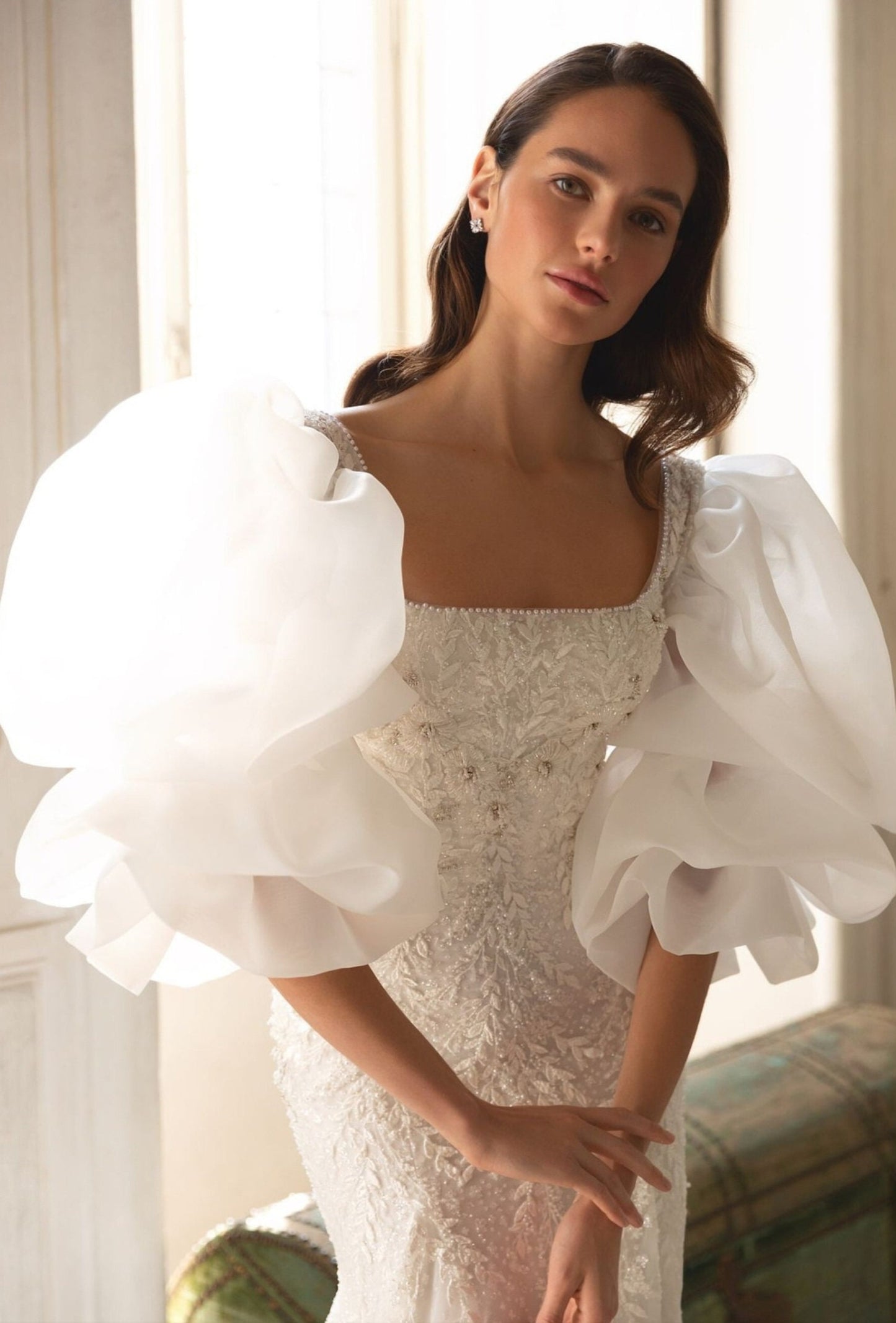 Detached Organza Over The Shoulder Layered Puff Half Sleeves